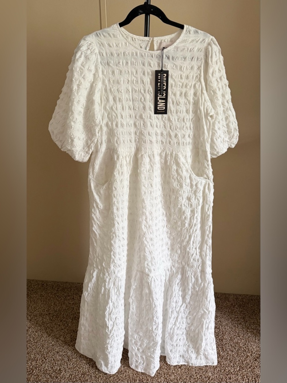 NWT River Island White Puff Sleeve Crinkle Smock Boho Graduation Dress Size 8